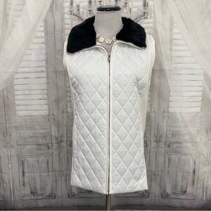 Jones New York Size XL White Puffer Faux Fur Collar Vest Quilted Zip Jacket NEW